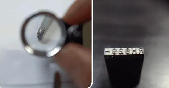 A precision-machined stamping die component being inspected under a magnifying loupe