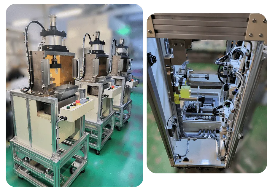 Row of completed table-top special purpose machines with pneumatic presses and control panels